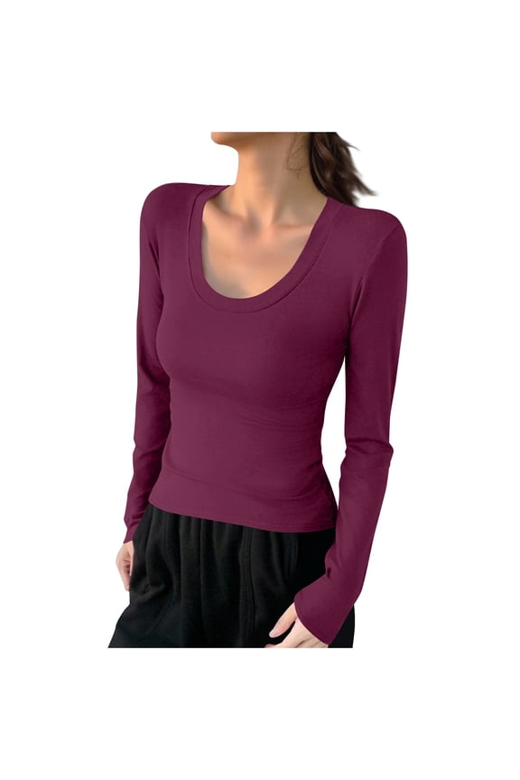 Womens Long Sleeve Tops Basic Layer Undershirts Round Neck Ribbed Slim Fitted Tee Shirts Blouse