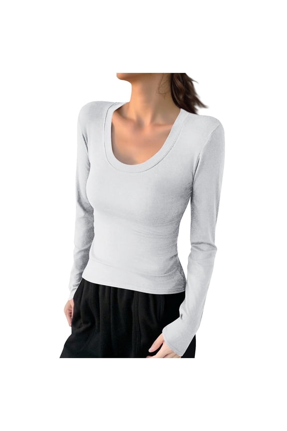 Womens Long Sleeve Tops Basic Layer Undershirts Round Neck Ribbed Slim Fitted Tee Shirts Blouse