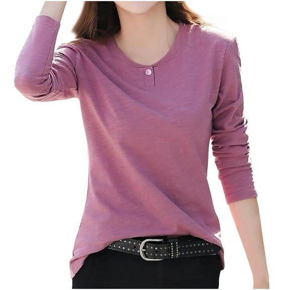 AherBiu Womens Long Sleeve Tops Button Crewneck Fall Casual Basic Top Tees Shirts Casual Loose Dailywear Tshirt