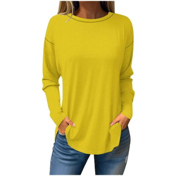 AherBiu Womens Long Sleeve Tops Plus Size Crewneck Basic Top Tees Shirts Solid Color Comfy Tshirts