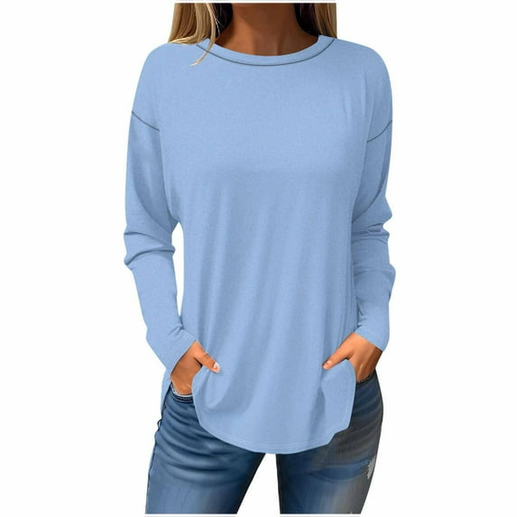 AherBiu Womens Long Sleeve Tops Plus Size Crewneck Basic Top Tees Shirts Solid Color Comfy Tshirts