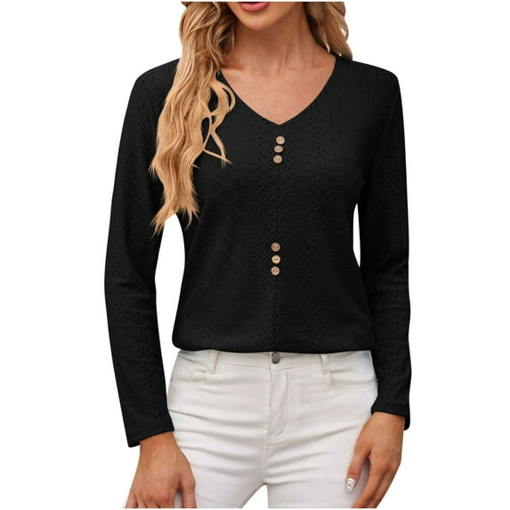 AherBiu Womens Long Sleeve Tops V Neck Eyelet Hole Boho Beach Casual Shirts Blouse Solid Color