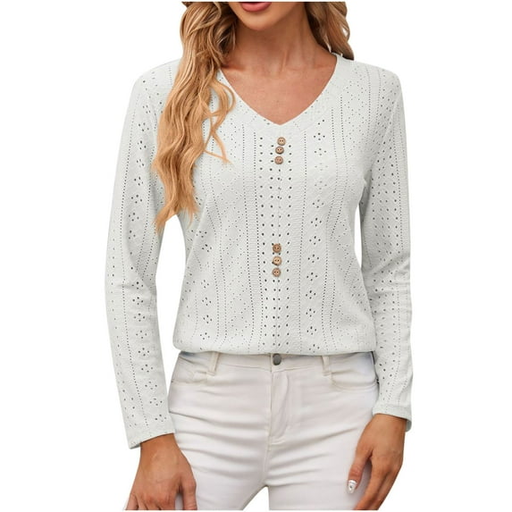 AherBiu Womens Long Sleeve Tops V Neck Eyelet Hole Boho Beach Casual Shirts Blouse Solid Color