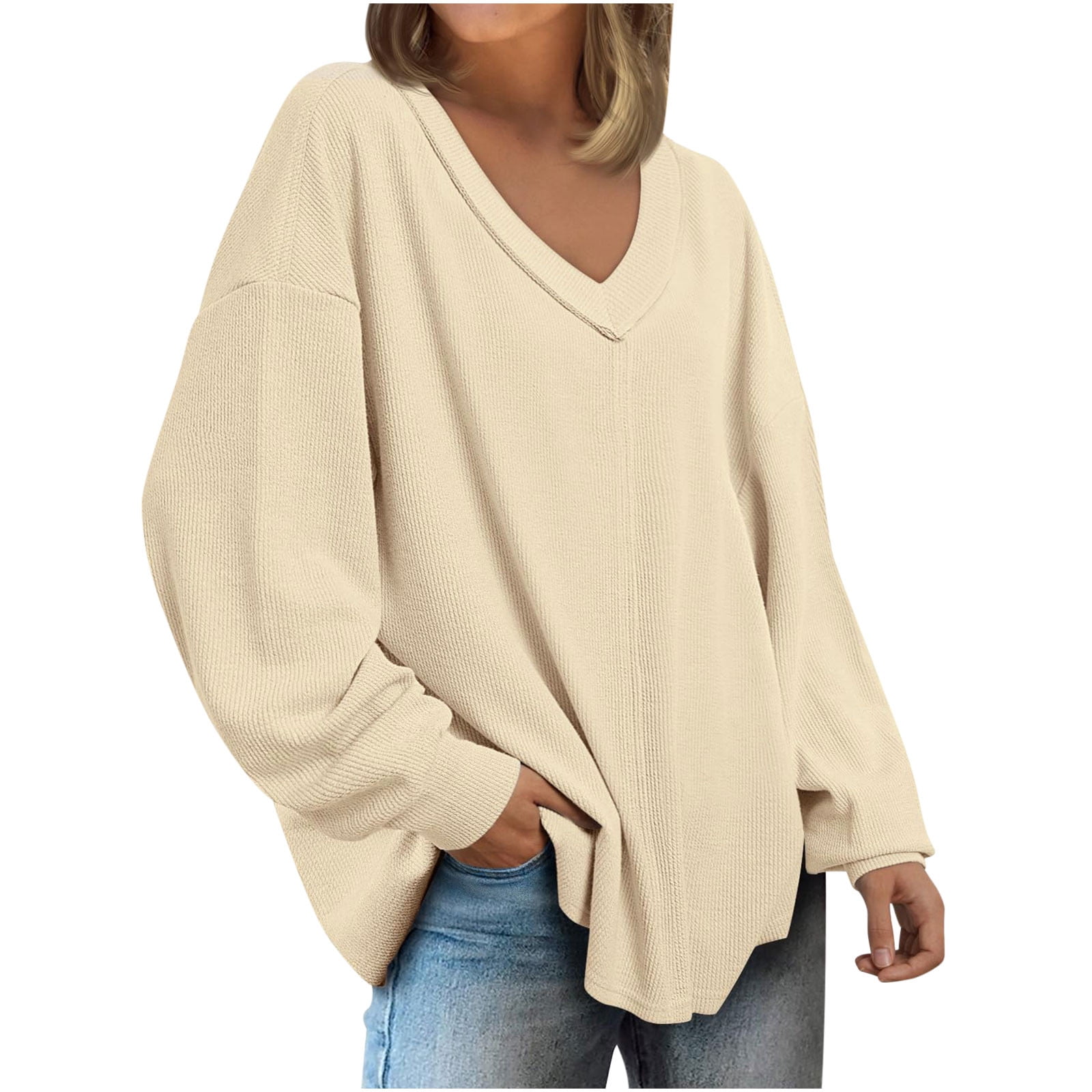 AherBiu Womens Oversized Tops Ribbed V Neck Long Sleeve Casual Loose ...