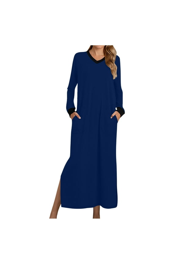 Womens Pajamas Long Sleeve Nightgowns V Neck Slit Comfy Sleepwear Robes Long Dress with Pockets