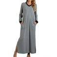 thumbnail image 1 of AherBiu Womens Pajamas Long Sleeve Nightgowns V Neck Slit Comfy Sleepwear Robes Long Dress with Pockets, 1 of 5