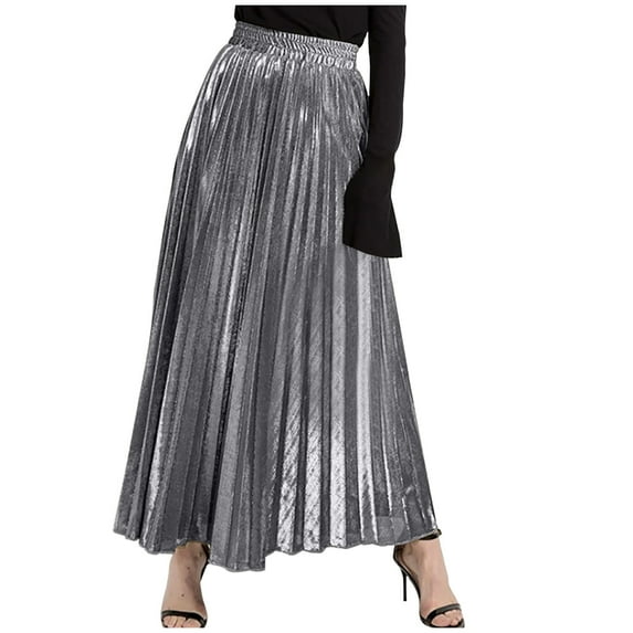 AherBiu Womens Pleated Long Skirts Elastic High Waisted Metallic Shiny Accordion Maxi Skirt Solid Color
