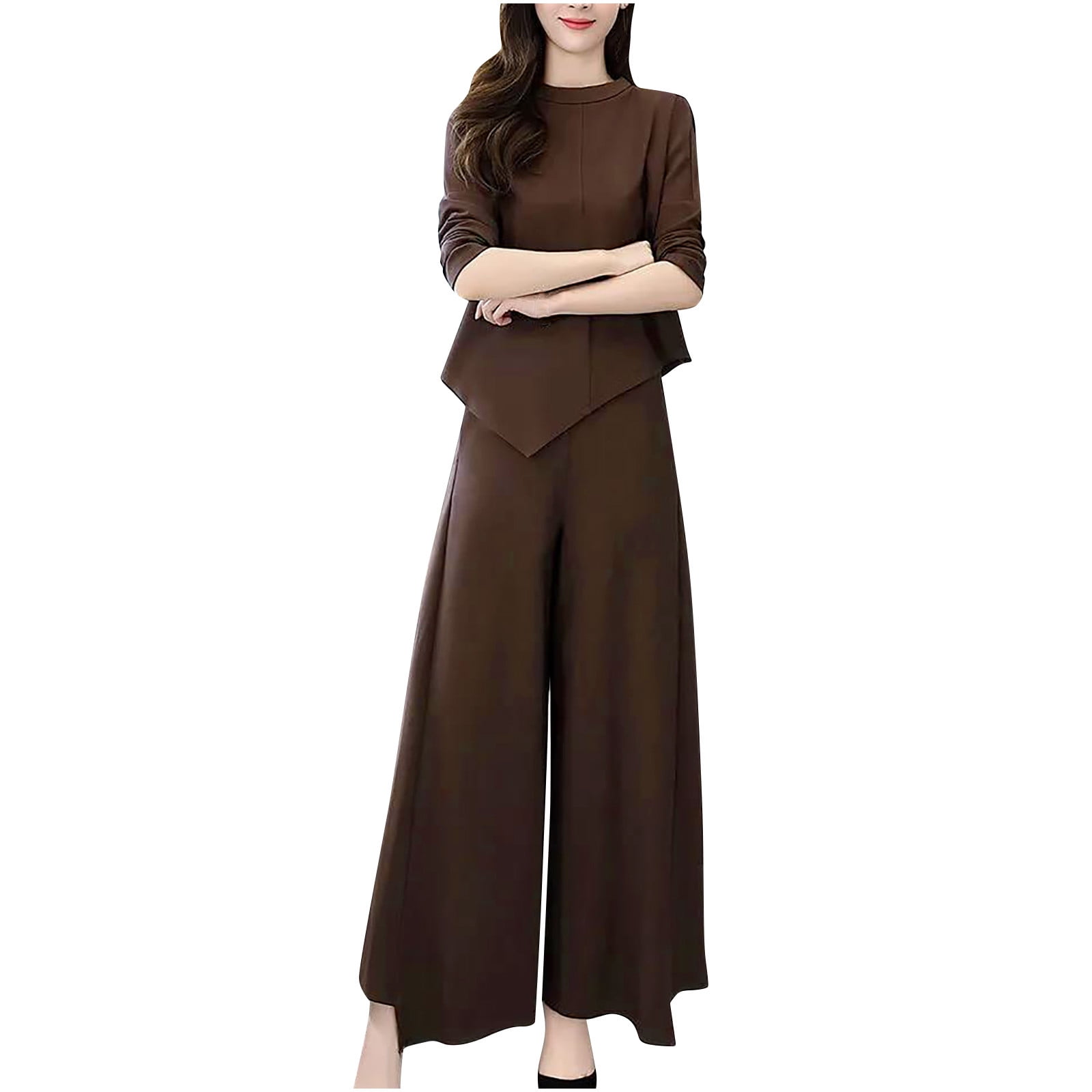  Women Plus Size Formal Wear 2 Pcs/set Top Pants Set Fall Spring  V Neck Irregular Hem Loose Solid Color Long Sleeve Wide Atrovirens M :  Clothing, Shoes & Jewelry