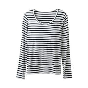 AherBiu Womens Plus Size Pajama Tops Built in Bra Stripes Long Sleeve Crew Neck Sleepwear Comfy Top Tees