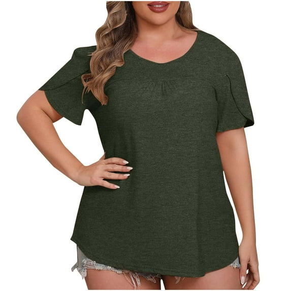 AherBiu Womens Plus Size Tunic Tops to Wear with Leggings Crewneck Petal Short Sleeve Summer Casual Loose Shirts