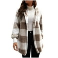 thumbnail image 1 of AherBiu Womens Plush Cardigans Plaid Open Front Lantern Sleeve Color Blocked Hooded Fleece Fuzzy Jackets, 1 of 7