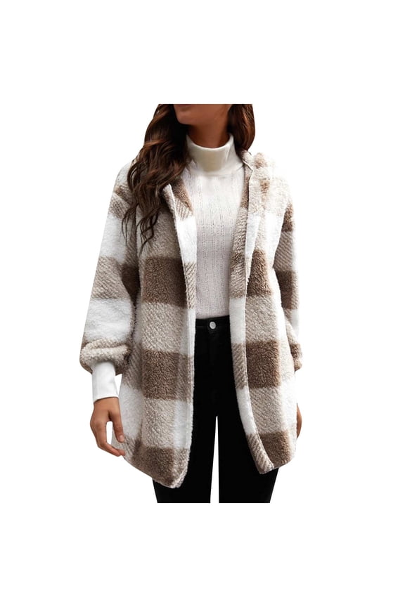 Womens Plush Cardigans Plaid Open Front Lantern Sleeve Color Blocked Hooded Fleece Fuzzy Jackets