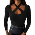thumbnail image 1 of AherBiu Womens Ribbed Shirts Long Sleeve Tops Crossover Halter Cutout Slim Basic Layer Blouse, 1 of 7