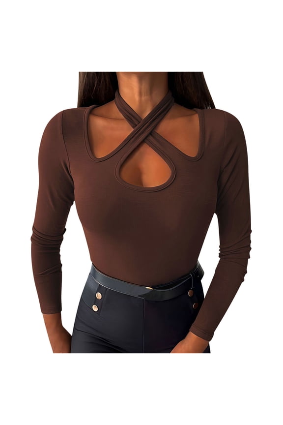 Womens Ribbed Shirts Long Sleeve Tops Crossover Halter Cutout Slim Basic Layer Blouse