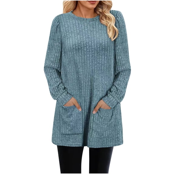 AherBiu Womens Ribbed Sweater Tunic Tops to Wear with Leggings Spring Fall Long Sleeve Shirt with Pockets