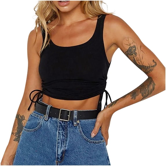AherBiu Womens Ribbed Tank Tops Sleeveless Crewneck Drawstring Cropped Going out Tops for Women