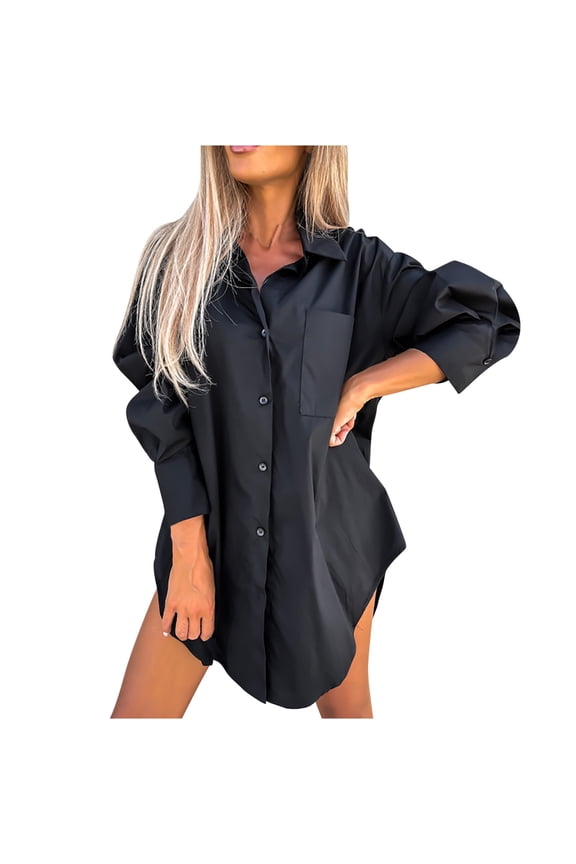 Womens Shirts Irregular Hem Hide Butt Button down Lapel V Neck Long Sleeve Loose Blouse