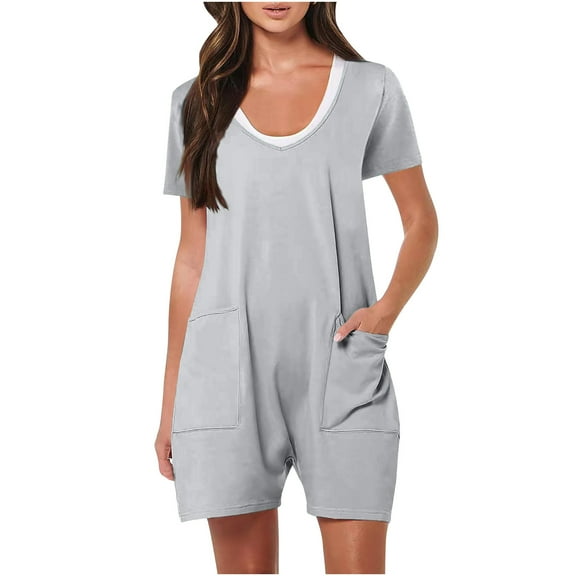 AherBiu Womens Short Jumpsuits Short Sleeve V Neck Rompers Summer Casual 1 Piece Overalls with Pockets