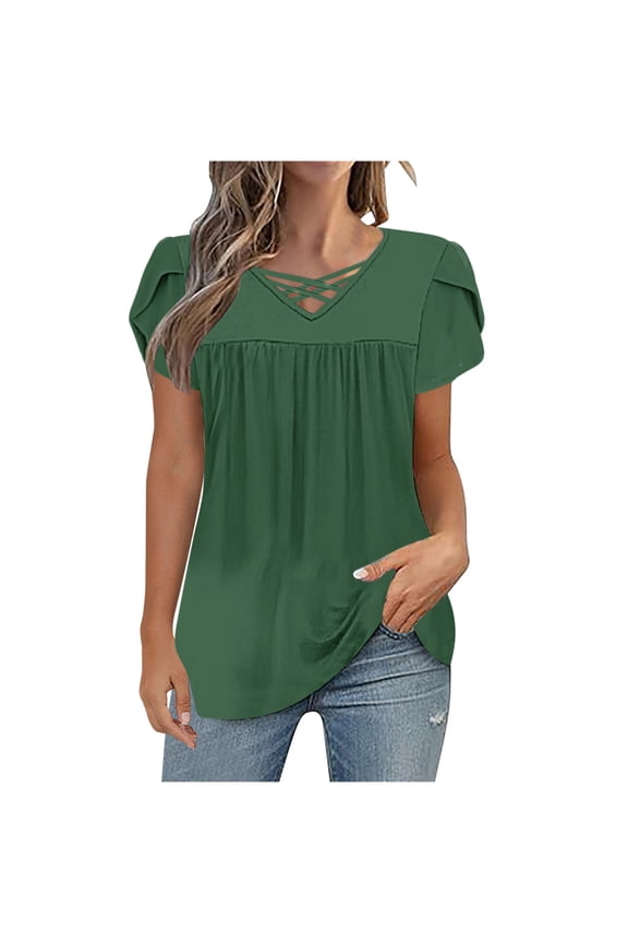 Womens Short Petal Sleeve Tops Crossover V Neck Ruched Loose Summer Tunic Tops to Wear with Leggings