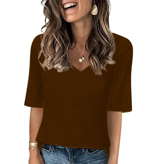 AherBiu Womens Short Sleeve Tops T Shirts V Neck Summer Casual Basic Comfy Tees Solid Color Dailywear