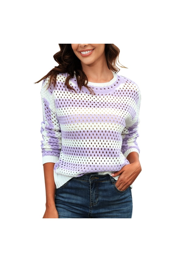 Womens Stripes Sweaters Eyelet Hole Crew Neck Long Sleeve Jumper Tops Fall Basic Pullover Knitwear