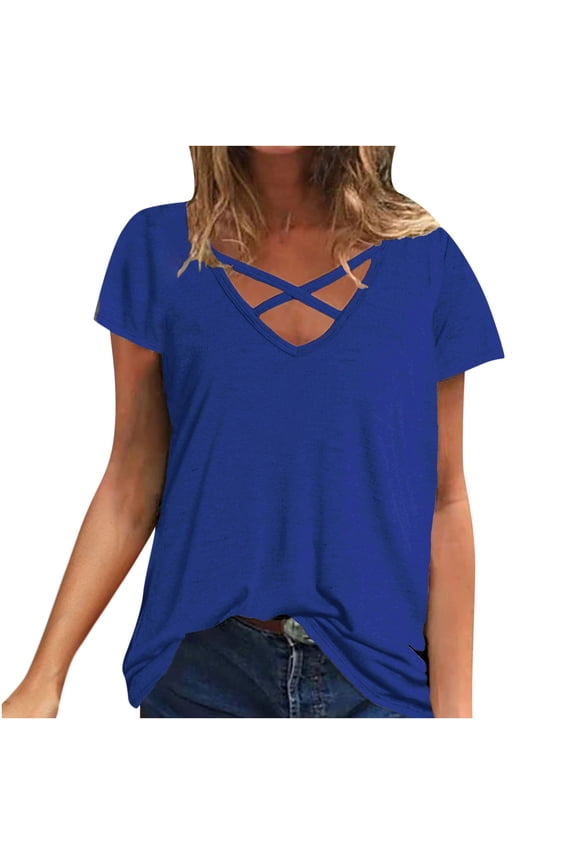 Womens Summer Tops Short Sleeve Crossover V Neck Casual Loose Basic Top Tees T Shirts Solid Color