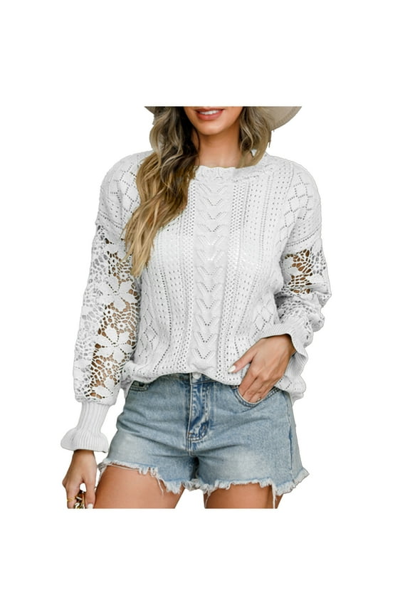 Womens Sweaters Ribble Knit Eyelet Hole Long Sleeve Crew Neck Ruffle Cuff Solid Color Jumper Tops