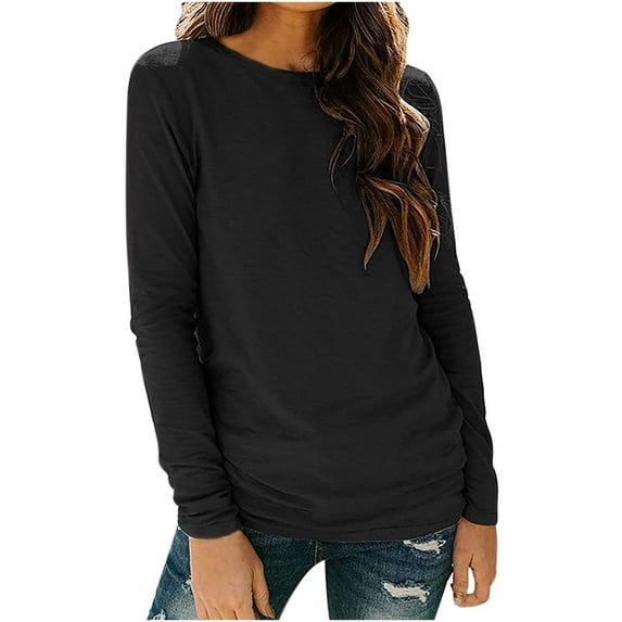 AherBiu Womens T Shirts Long Sleeve Crewneck Basic Layer Comfy Top Tees Undershirts Solid Color Blouse