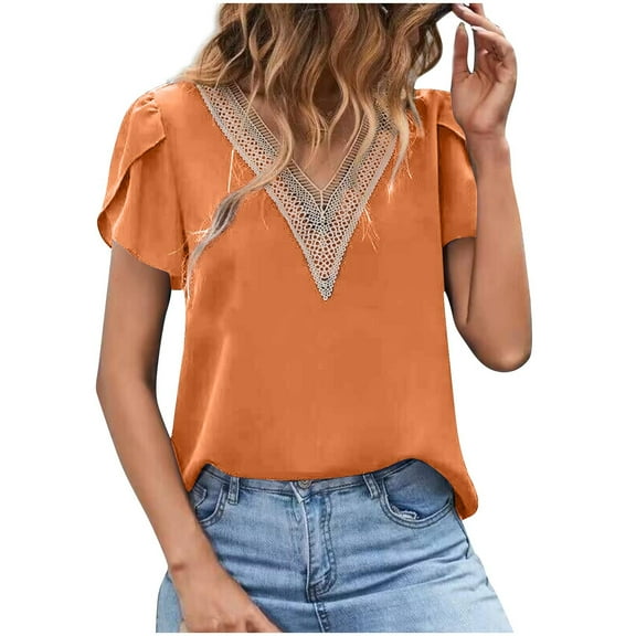 AherBiu Womens Tops Dressy Casual Blouse Chiffon Petal Short Sleeve Crochet V Neck Elegant Ladies Summer Shirts