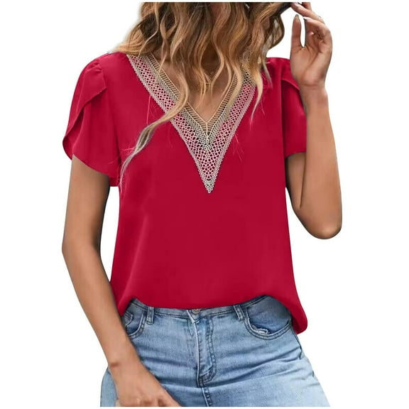 AherBiu Womens Tops Dressy Casual Blouse Chiffon Petal Short Sleeve Crochet V Neck Elegant Ladies Summer Shirts