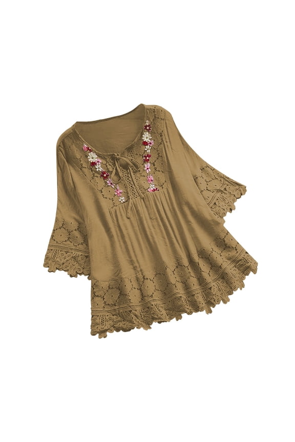 Womens Tops Dressy Casual Blouse Crochet Lace Keyhole Round Neck 3/4 Sleeve Ruffle Boho Shirts Summer Tops