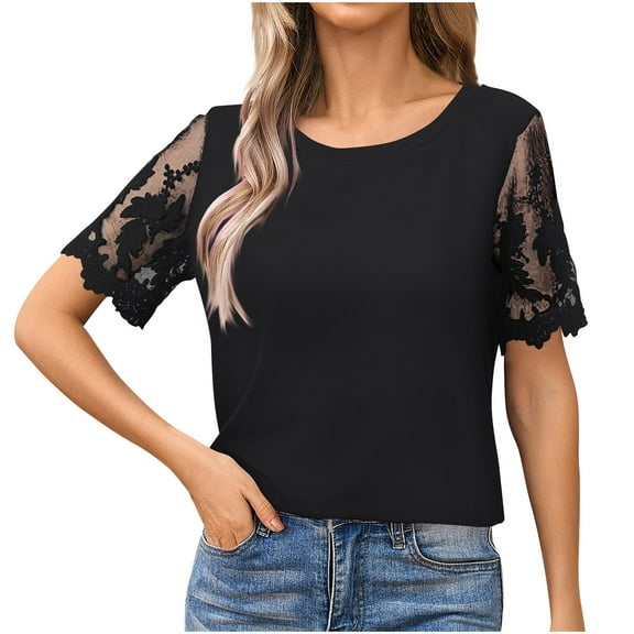 AherBiu Womens Tops Dressy Casual Blouse Lace Mesh See Through Short Sleeve Crewneck Summer Shirts