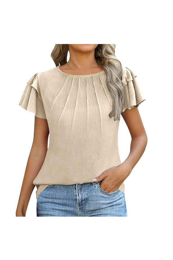 Womens Tops Dressy Casual Blouse Layered Ruffle Short Sleeve Crewneck Summer Ruched Loose Shirts