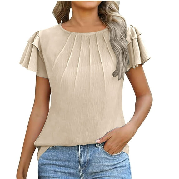 AherBiu Womens Tops Dressy Casual Blouse Layered Ruffle Short Sleeve Crewneck Summer Ruched Loose Shirts