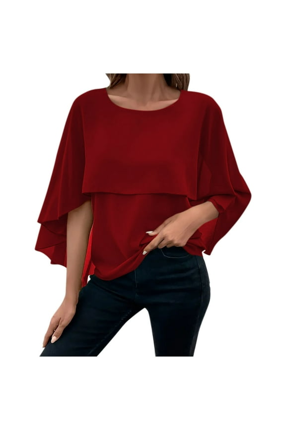 Womens Tops Dressy Casual Cape Sleeve Layered Chiffon Blouse Crewneck Elegant Ladies Shirt