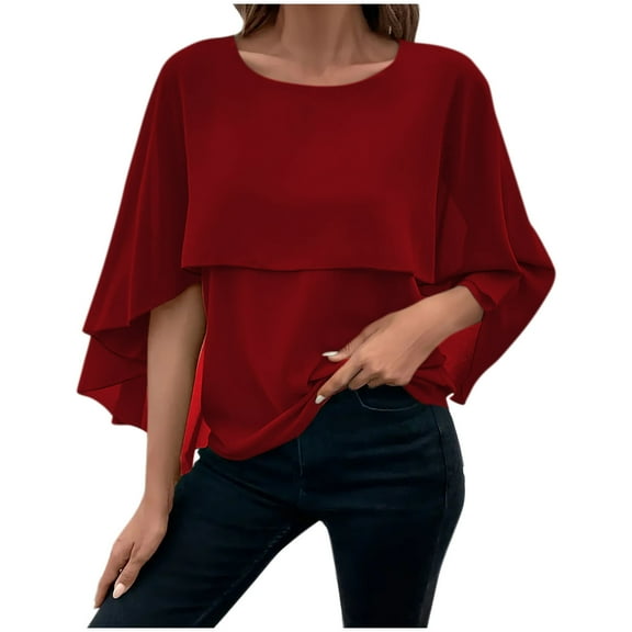 AherBiu Womens Tops Dressy Casual Cape Sleeve Layered Chiffon Blouse Crewneck Elegant Ladies Shirt