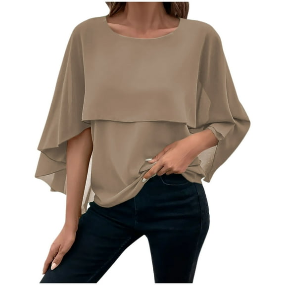 AherBiu Womens Tops Dressy Casual Cape Sleeve Layered Chiffon Blouse Crewneck Elegant Ladies Shirt