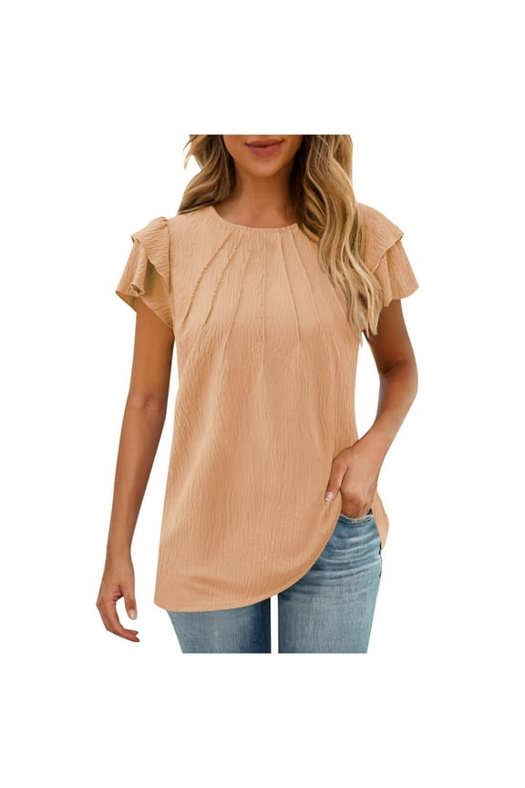 Womens Tops Dressy Casual Layered Ruffle Short Sleeve Shirts for Women Crewneck Ruched Loose Blouse
