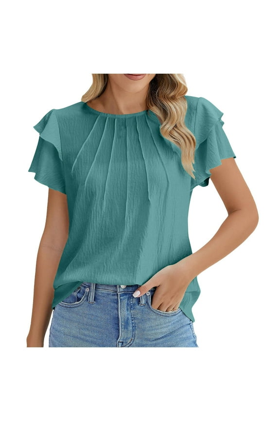 Womens Tops Dressy Casual Layered Ruffle Sleeve Crewneck Summer Loose Shirts Blouse Solid Color