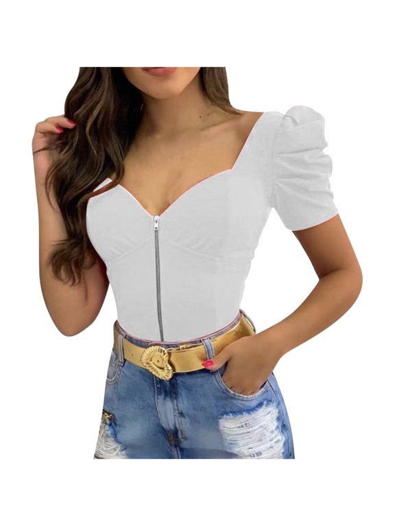 Womens Tops Dressy Casual Low Cut Zip up Bubble Short Sleeve Blouse Ladies Elegant Shirts