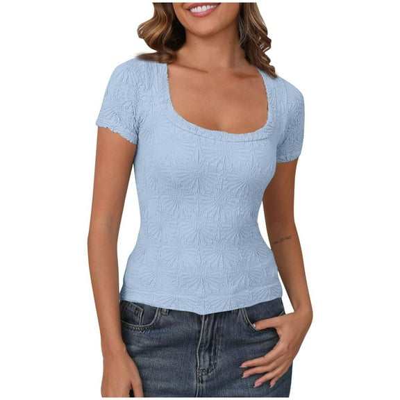 AherBiu Womens Tops Dressy Casual Scoop Neck Short Sleeve Slim Fitted Summer Casual Shirts Blouse