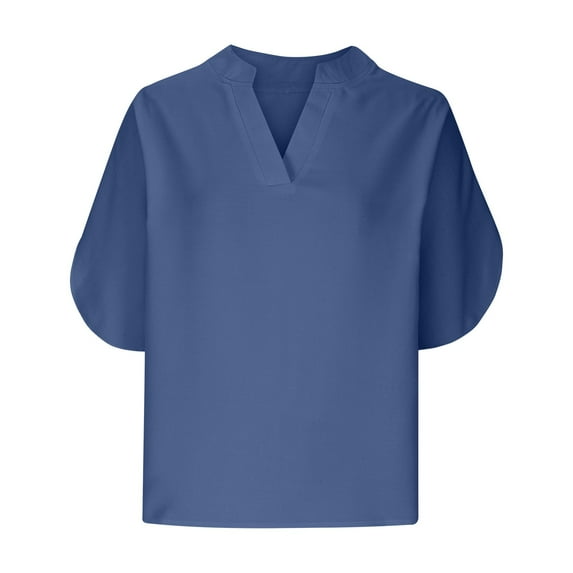 AherBiu Womens Tops Dressy Casual Short Sleeve Notch V Neck Solid Color Basic Plain Shirts Blouse