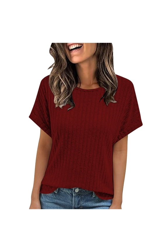 Womens Tops Drop Shoulder Short Sleeve Crewneck Ribble Knitted Solid Color Basic Shirts Blouse