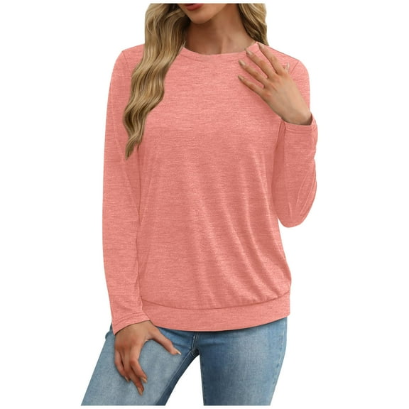 AherBiu Womens Tops Long Sleeve Basic T Shirts Crewneck Comfy Solid Color Top Tees Blouse