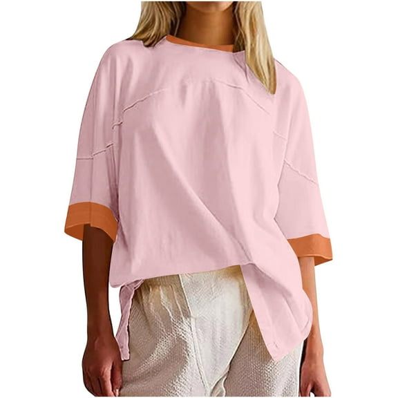 AherBiu Womens Tops Solid Color Patchwork 1/2 Sleeve Crewneck Ladies Summer Casual Loose Tshirts