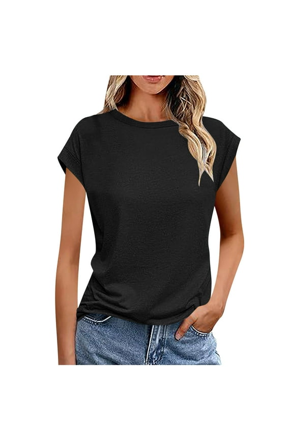 Womens Tshirts Cap Sleeve Crewneck Summer Casual Tops Basic Stretchy Comfy Fitted Tees Shirt