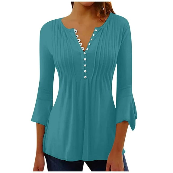 AherBiu Womens Tunic Tops to Wear with Leggings Half Button Notch V Neck 3/4 Flare Sleeve Shirts Blouse