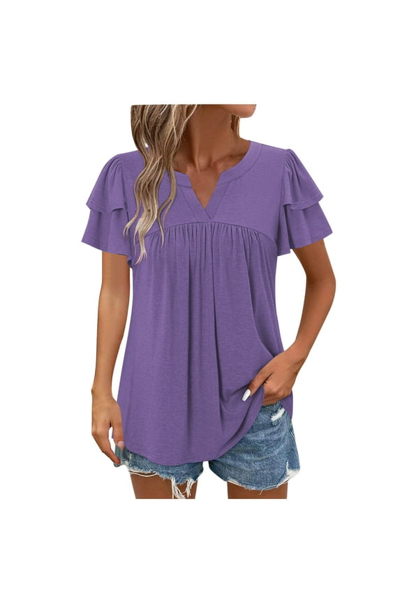 Womens Tunic Tops to Wear with Leggings Ruched Loose Notch V Neck Layered Ruffle Short Sleeve Summer Shirts Blouse