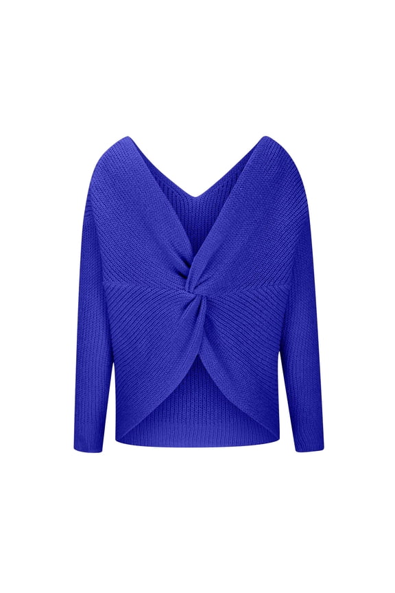 Womens V Neck Sweaters Long Sleeve Pullover Ribble Knit Wrap Knot Split Sweater Tops Blouse Solid Color