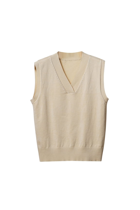 Womens V Neck Vests Fall Casual Sleeveless Sweaters Ribble Knit Pullover Jumper Tops Solid Color